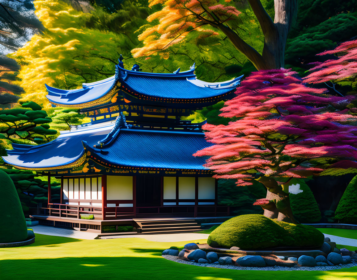 Tranquil Japanese-style garden with pink and yellow trees and curved blue-tiled roof