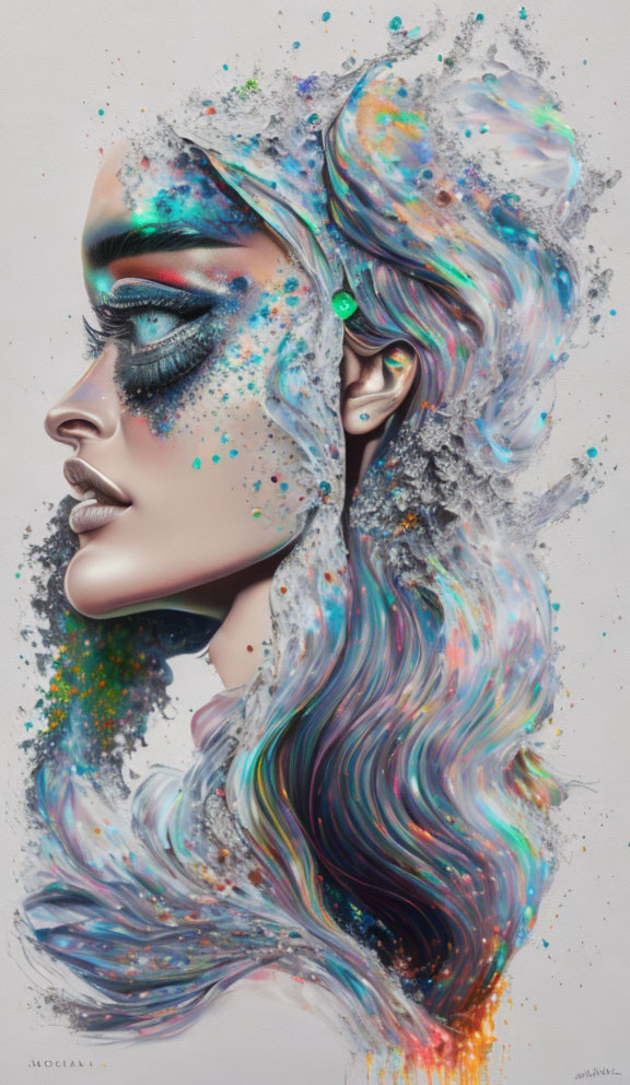 Colorful Woman's Profile Artwork with Swirling Hair and Cosmic Patterns