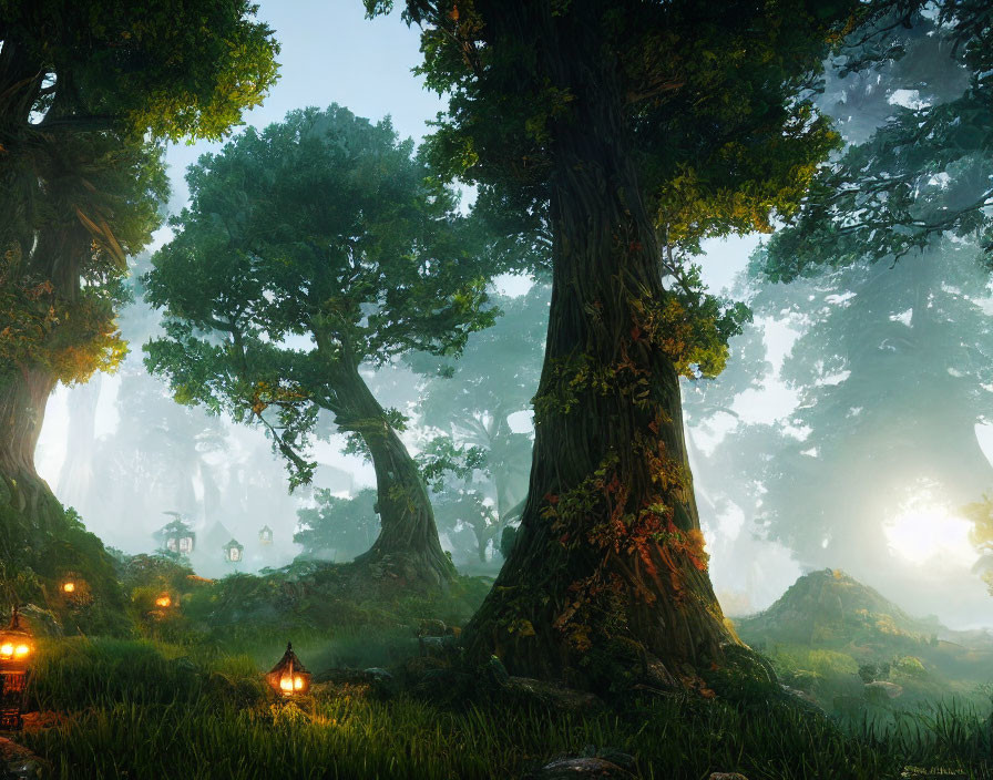 Mystical forest glade with towering trees and luminous lanterns