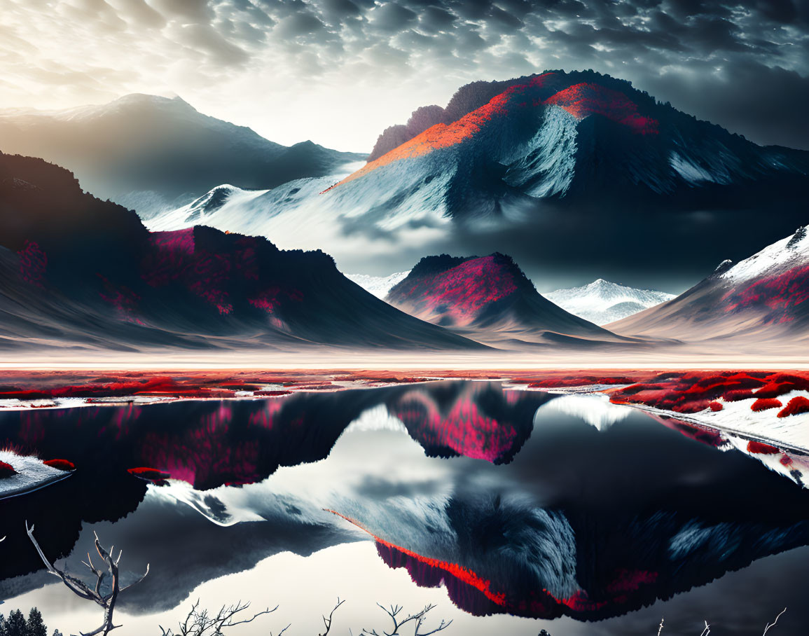 Snowy Peaks and Serene Lake in Dramatic Mountain Landscape