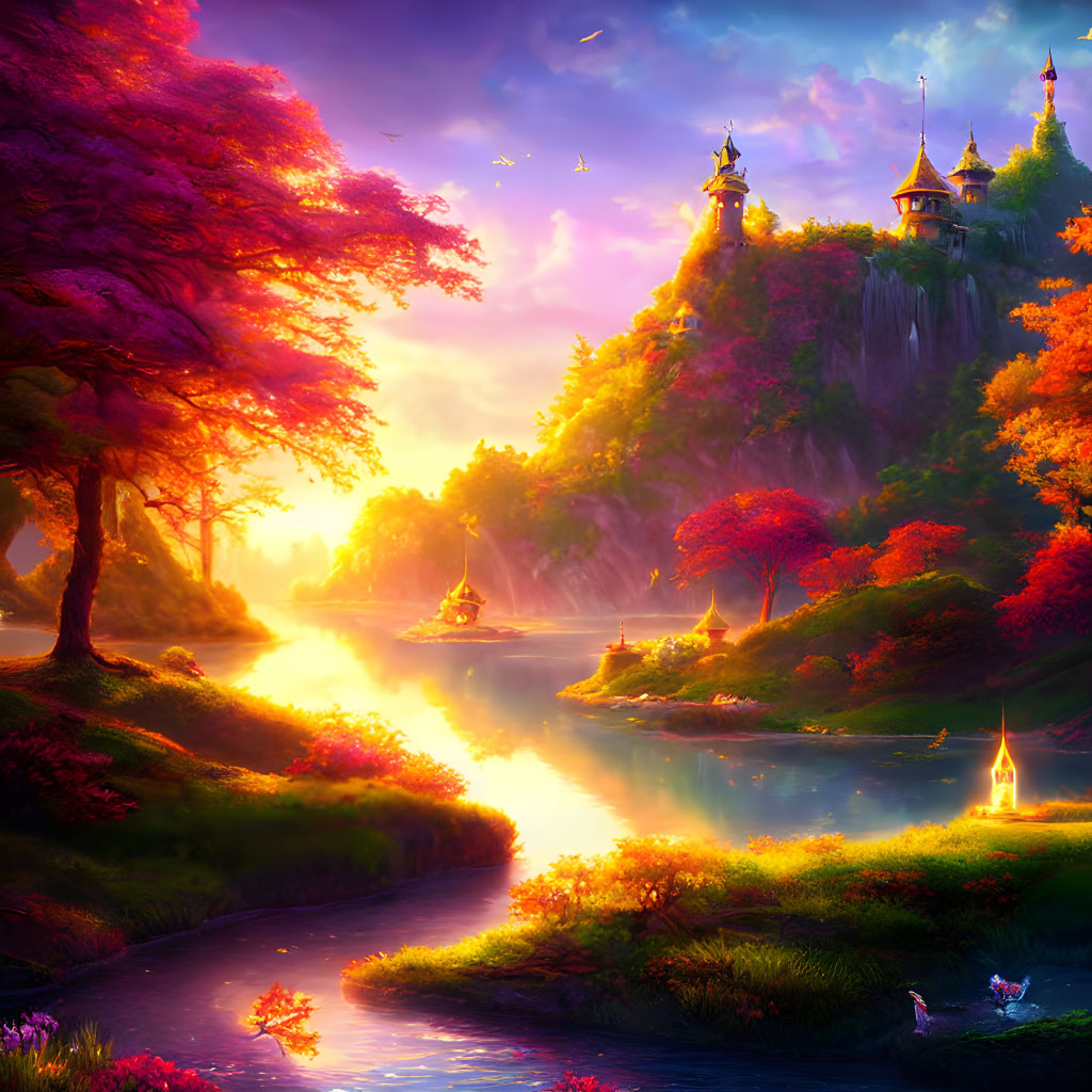 Fantasy landscape with pink trees, glowing river, castles, and sunset sky