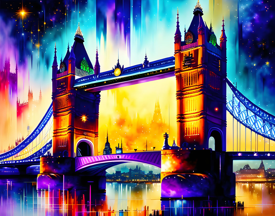 Colorful digital artwork: London's Tower Bridge & skyline at night with cosmic starry sky & northern