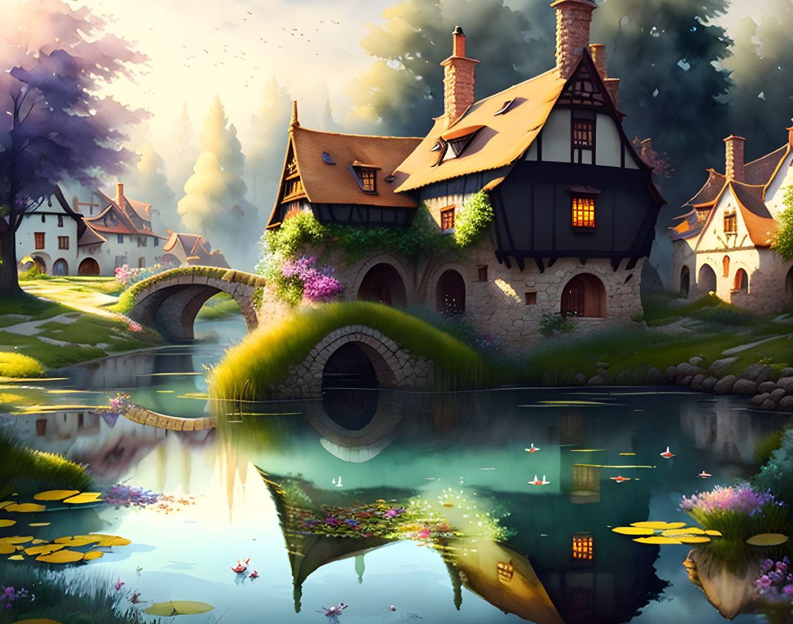 Tranquil fantasy village with stone bridge, river, lush vegetation