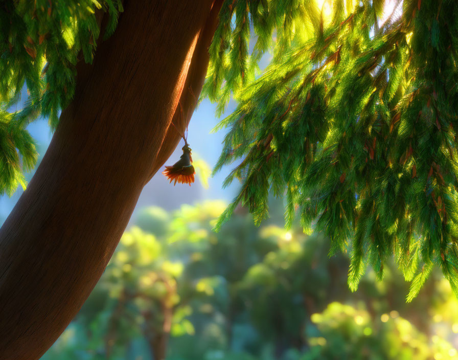 Lush forest scene with sunlight filtering through pine branch and small flower