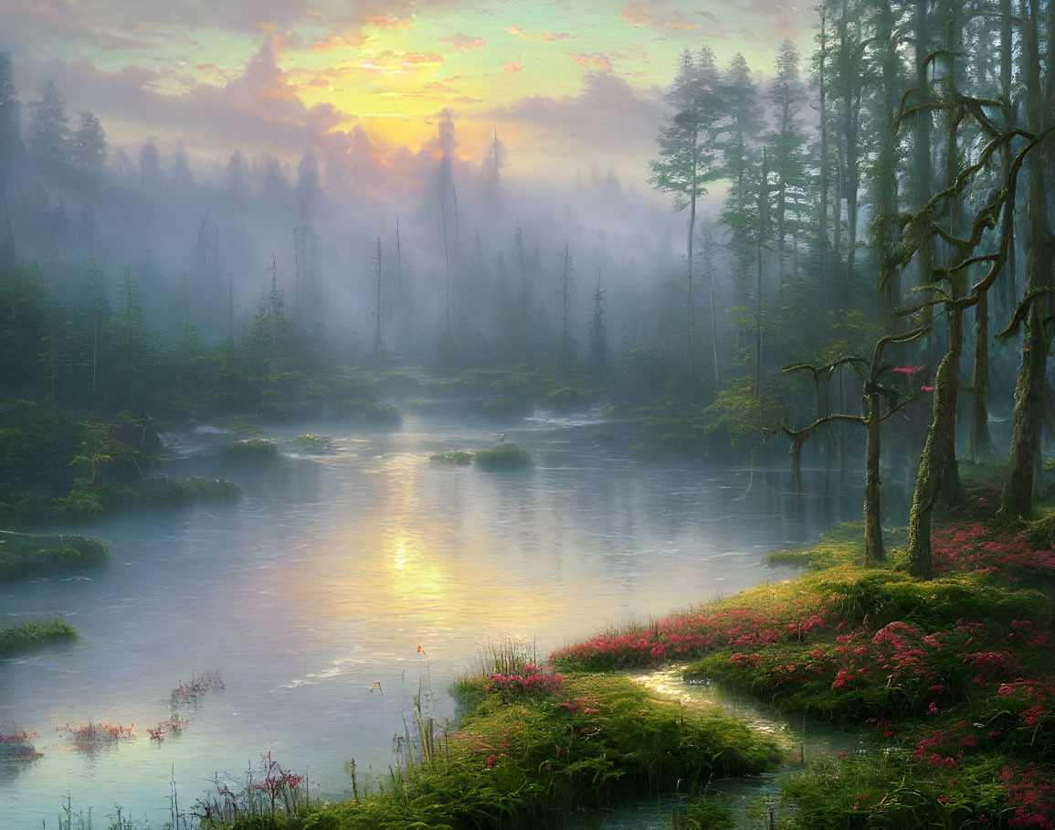 Tranquil sunset scene in misty forest with serene river