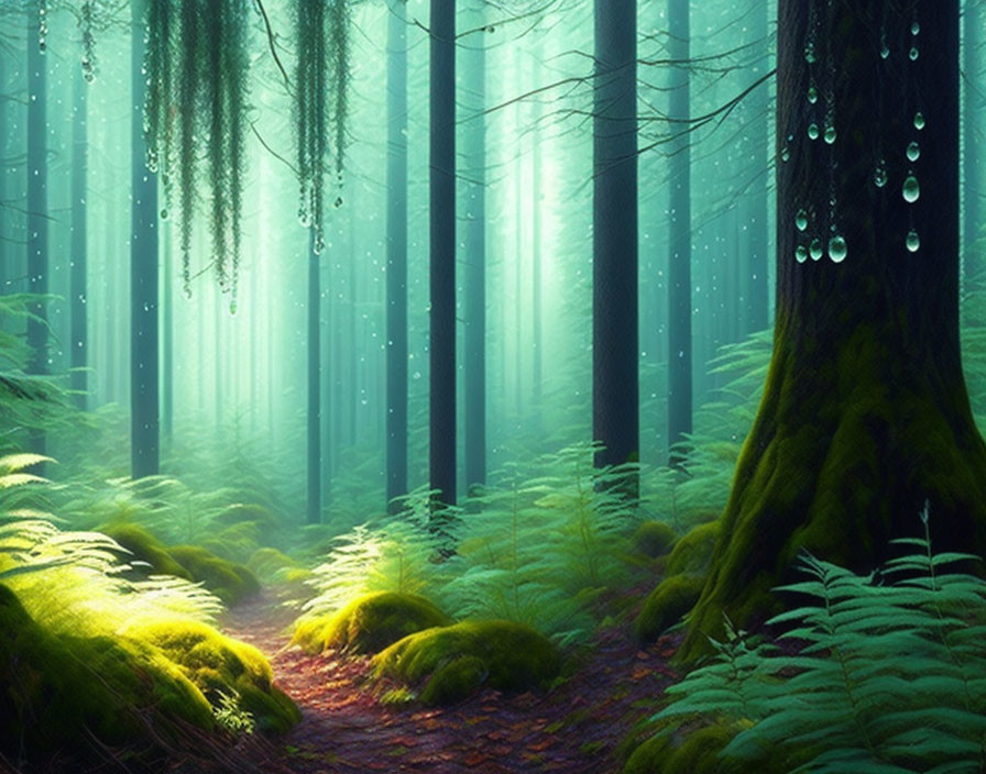 Enchanting Forest Scene with Sunbeams and Dewdrops