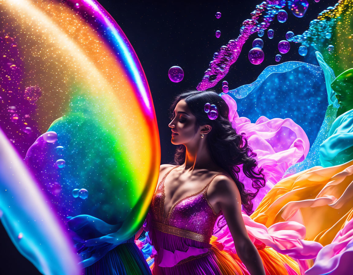 Colorful Dress Woman Surrounded by Swirling Soap Bubbles