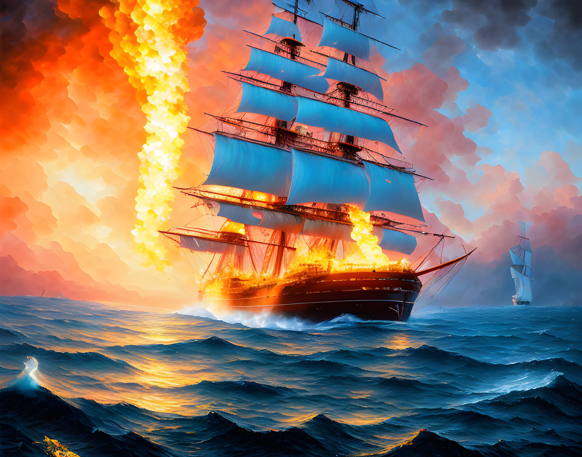 Burning sailboat amidst stormy ocean with second ship.