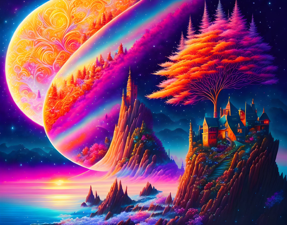 Colorful fantasy landscape with castle, giant planet, and starry sky