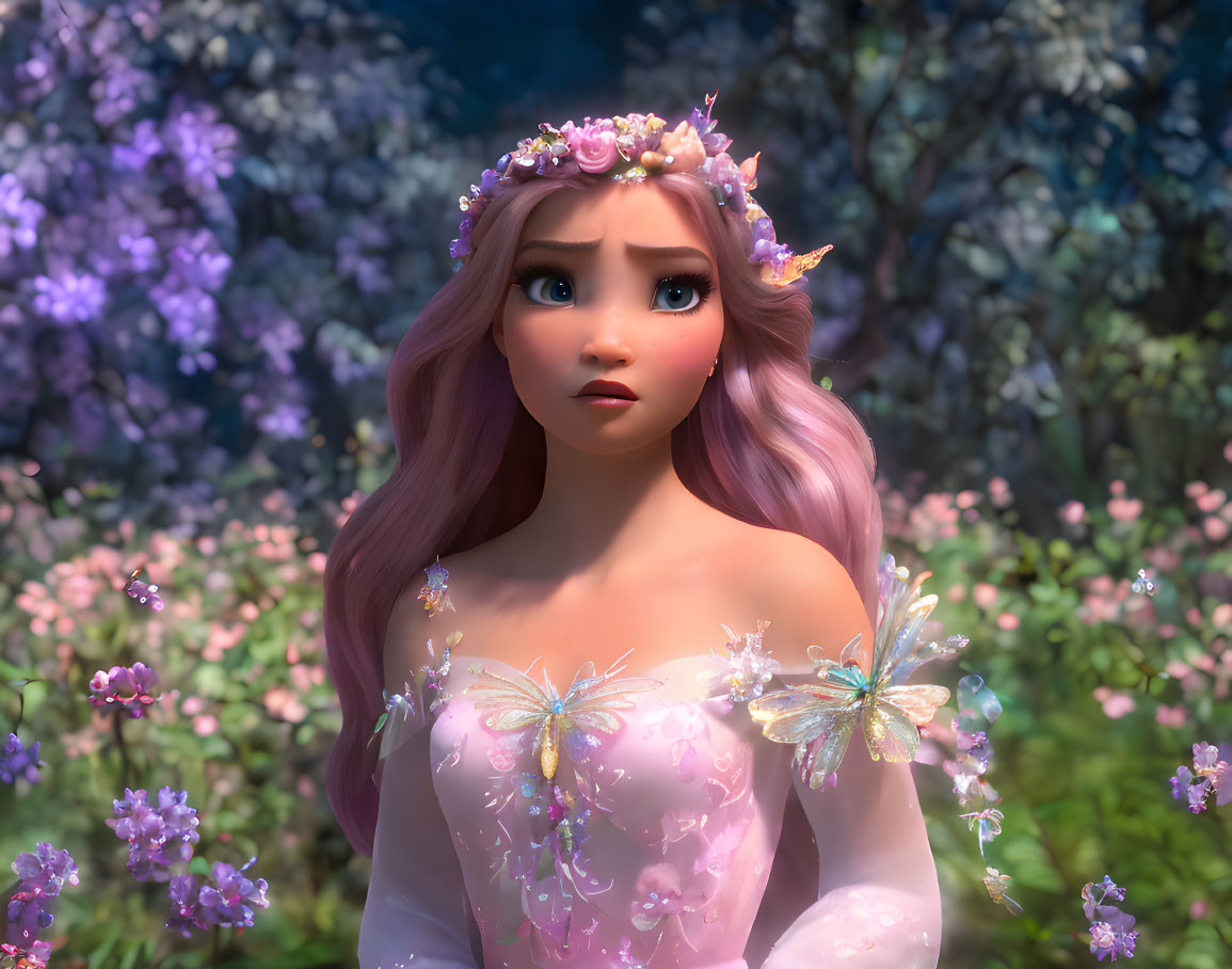 Pink-haired animated character in floral crown and butterfly dress, set in purple flower backdrop, looking surprised.