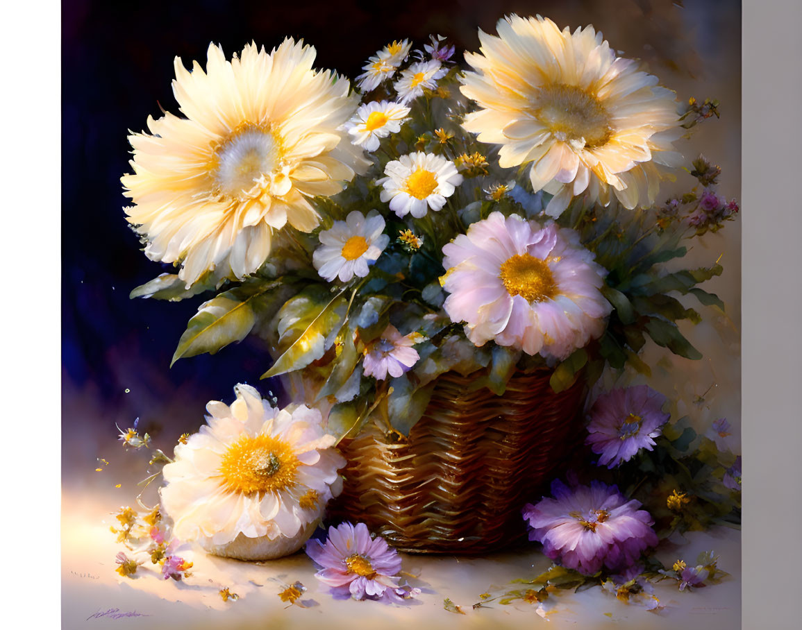 Colorful painting of daisies in a basket on dark backdrop