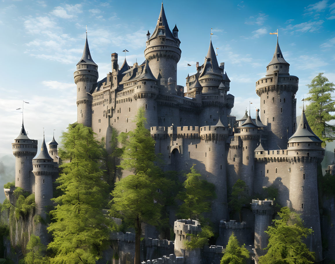 Medieval castle with towers and turrets in lush greenery