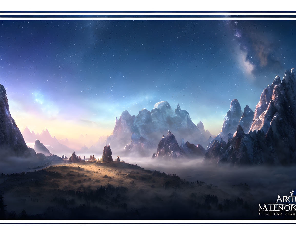 Digital landscape: Dusk scene with starry sky, snow-capped mountains, rocky outcrops