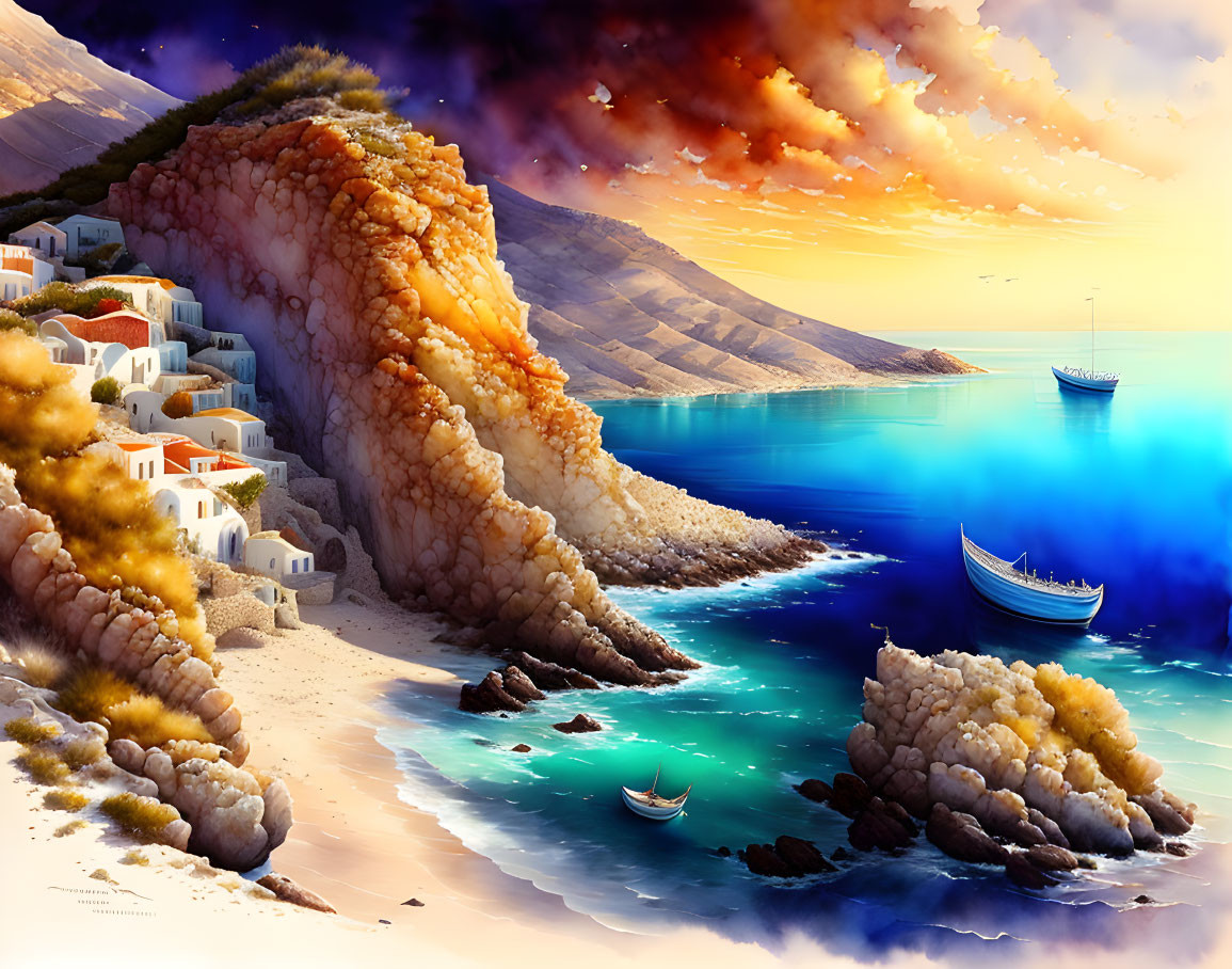 Scenic coastal village with white buildings on rocky cliff at sunset