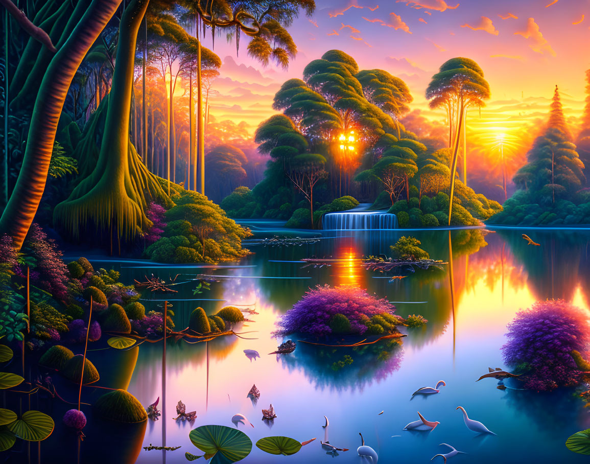 Tranquil fantasy landscape with vibrant sunset, lush vegetation, waterfall, and serene lake