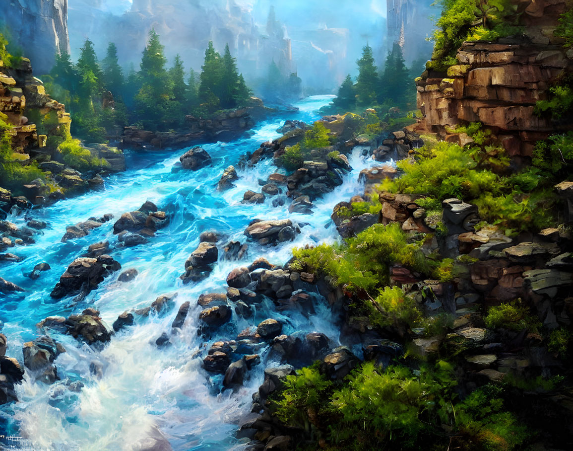 Digital painting of vibrant mountainous landscape with turquoise river, rocky terrain, lush greenery, and mist