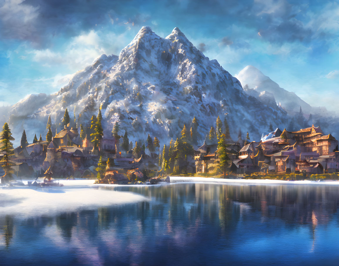 Snowy Mountain Landscape with Reflective Lake and Village Beneath Soft Sky