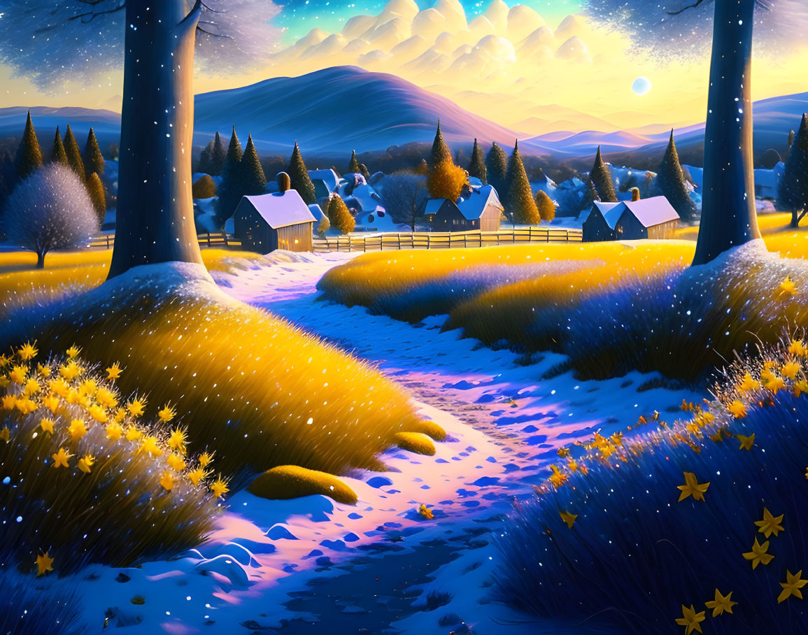 Snowy Path Leading to Cozy Cottages in Vibrant Landscape