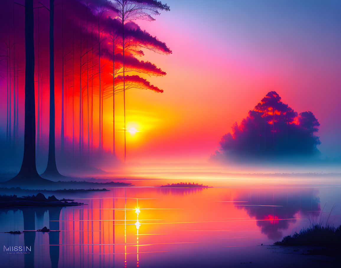 Serene lake sunset digital artwork with tree silhouettes