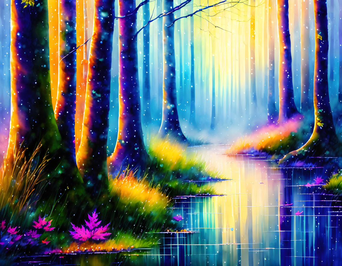 Vibrant Blue and Purple Forest Scene with Trees, Water Reflection, and Firefly Lights