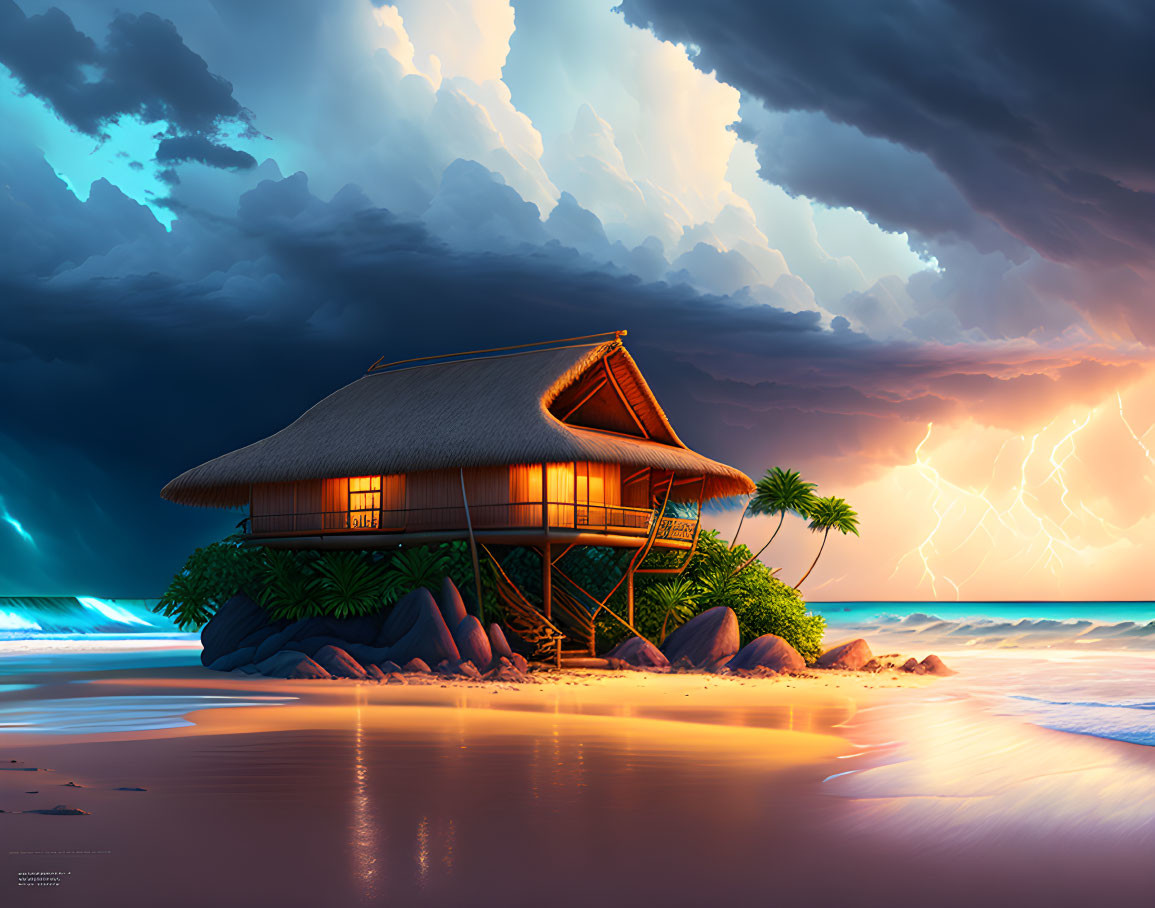 Thatched hut on stilts amidst palm trees under dramatic sky