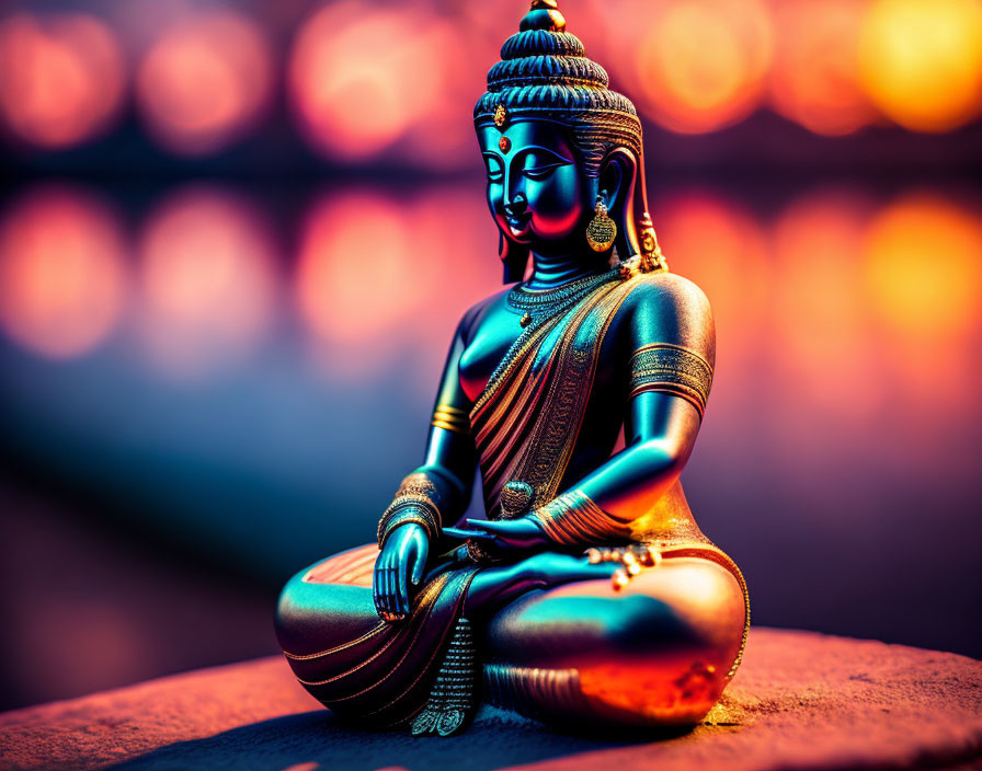 Serene Buddha statue in meditation with warm bokeh light