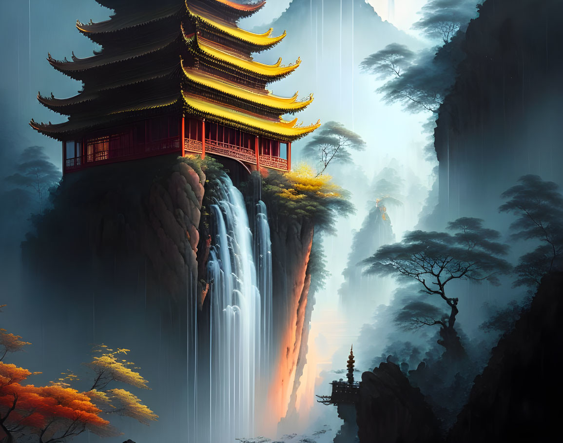 Digital illustration of traditional pagoda on cliff with waterfalls and autumnal trees