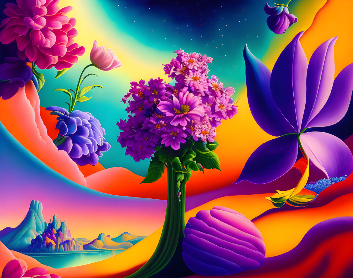 Colorful Oversized Flowers in Surreal Landscape with Starry Sky