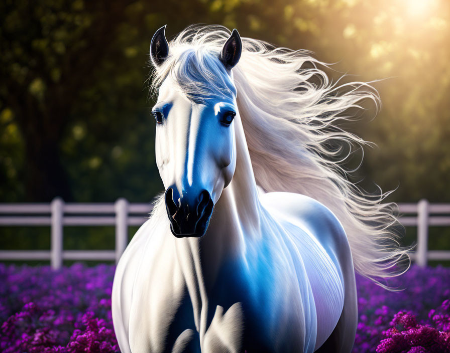 White Horse with Flowing Mane in Paddock with Purple Flowers