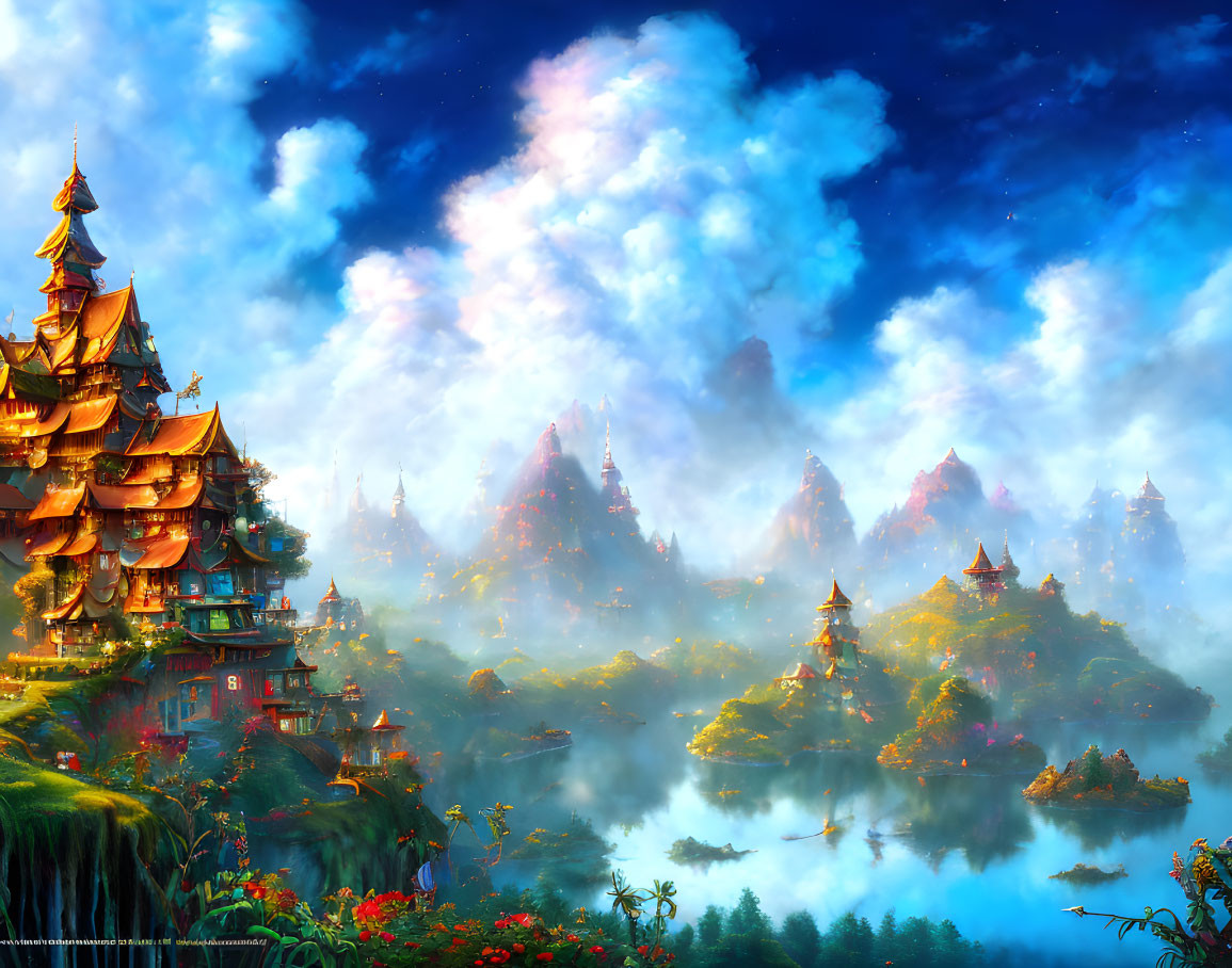 Fantasy landscape with ornate temples on misty mountains under a bright blue sky