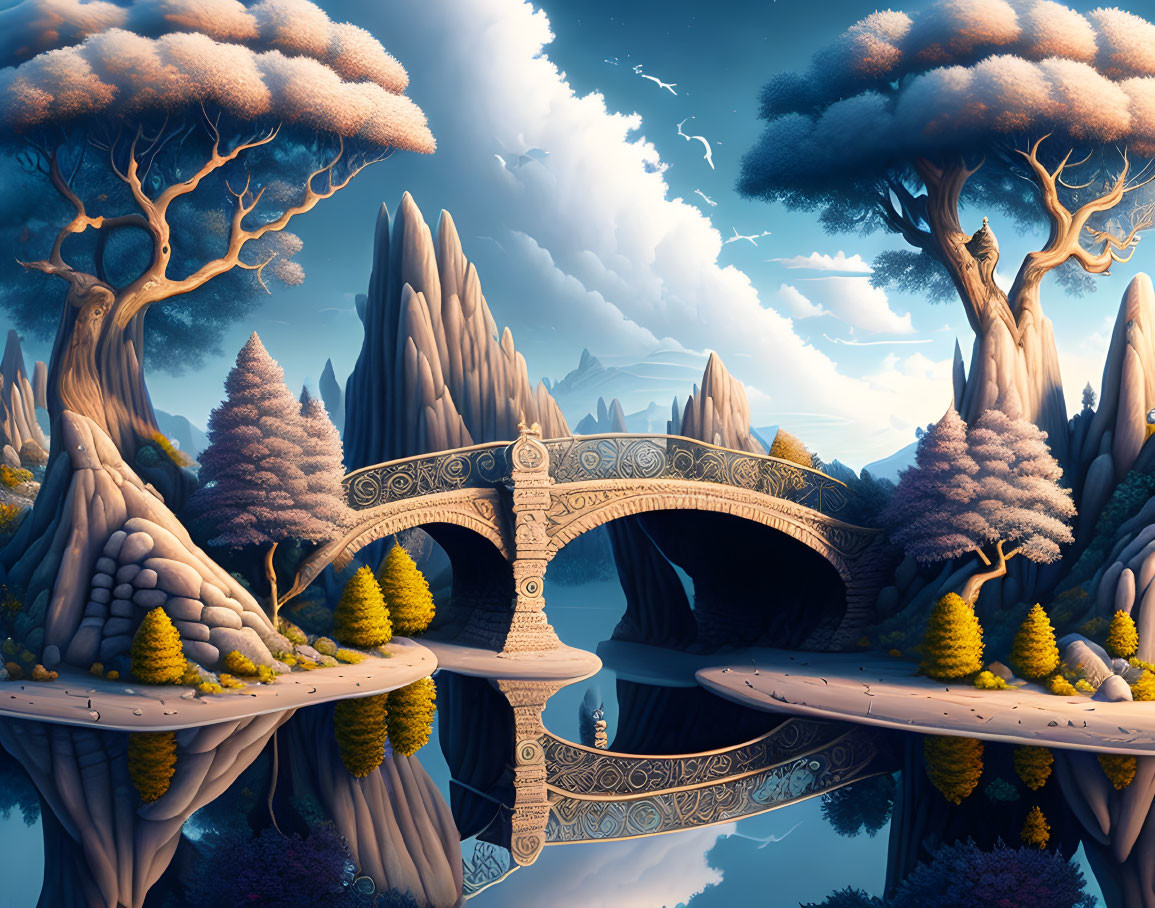 Serene fantasy landscape with stylized trees, stone bridge, mountains, and blue sky