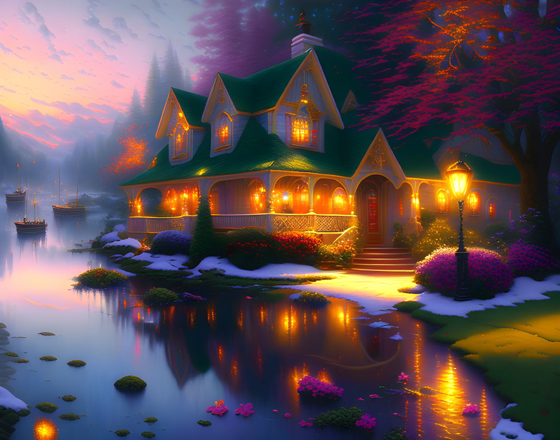 Cozy house by lake at dusk with glowing lights