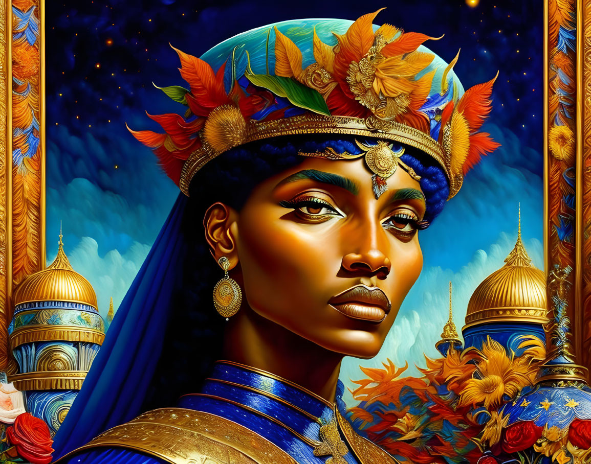 Vibrant digital artwork: woman with feathers and jewels against golden backdrop