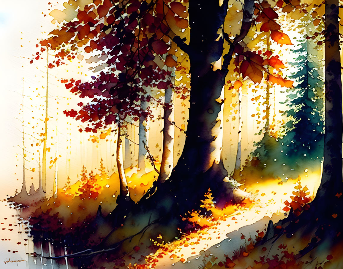 Colorful Watercolor Painting of Sunlit Autumn Forest