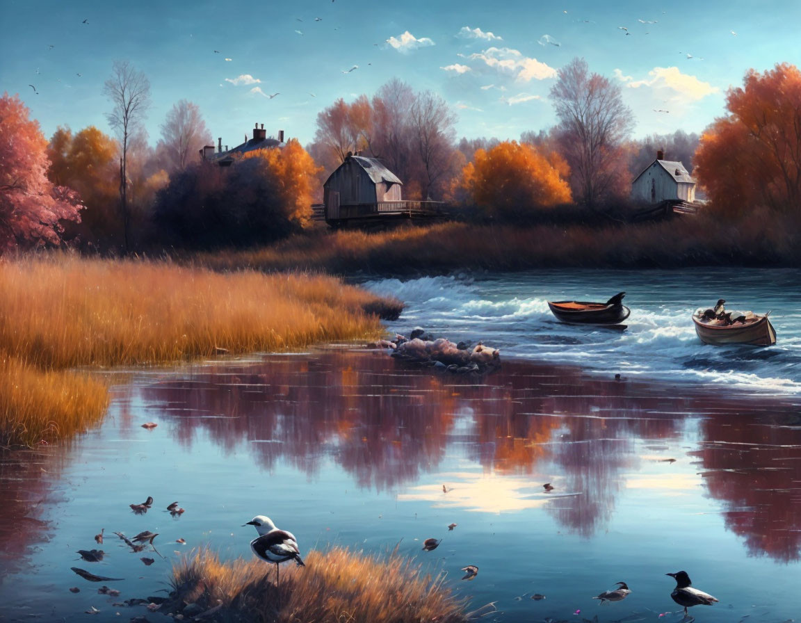 Colorful Autumn Landscape: Trees, River, Boats, Birds, Blue Sky