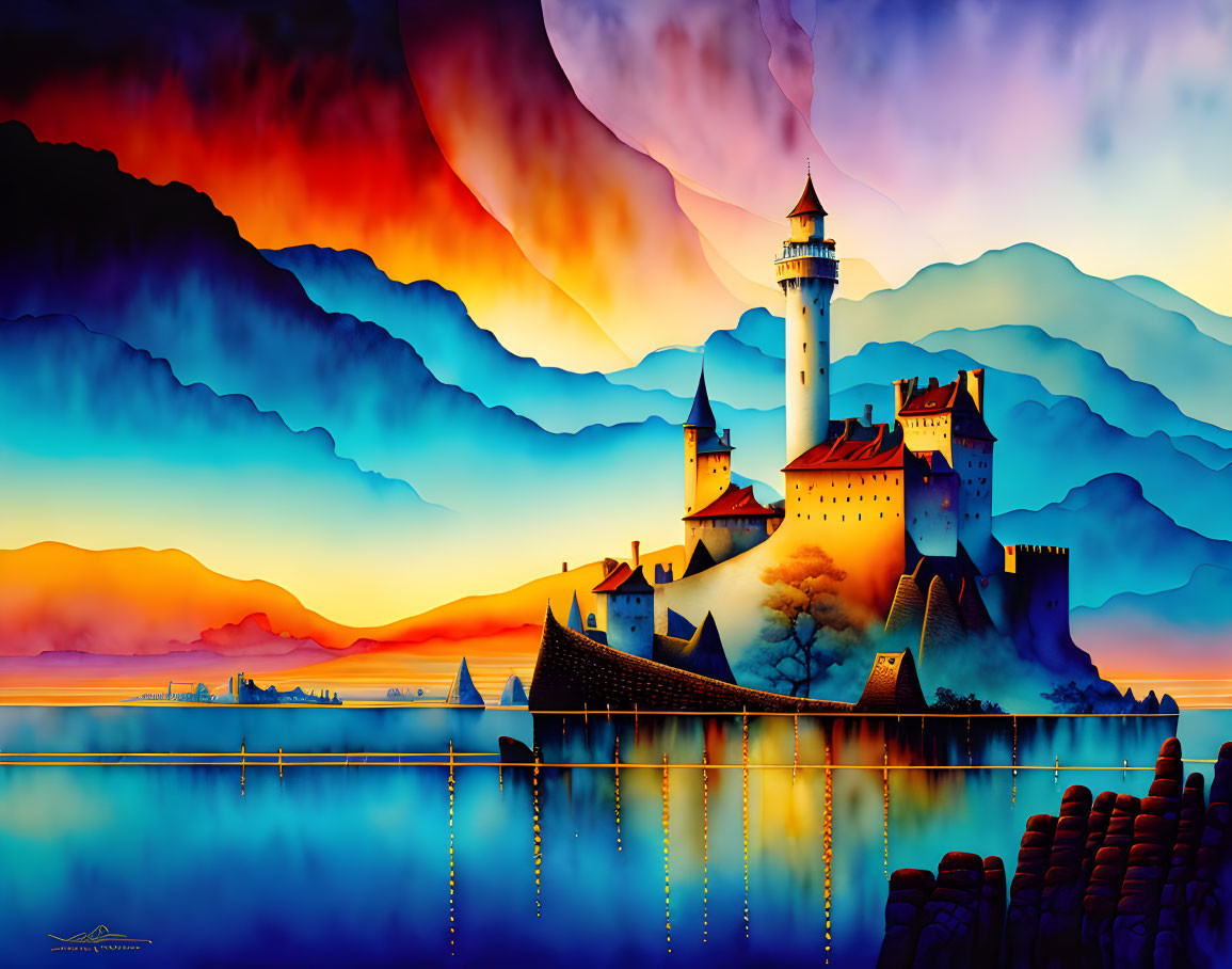 Digital art: Castle with tower at sunset over serene lake