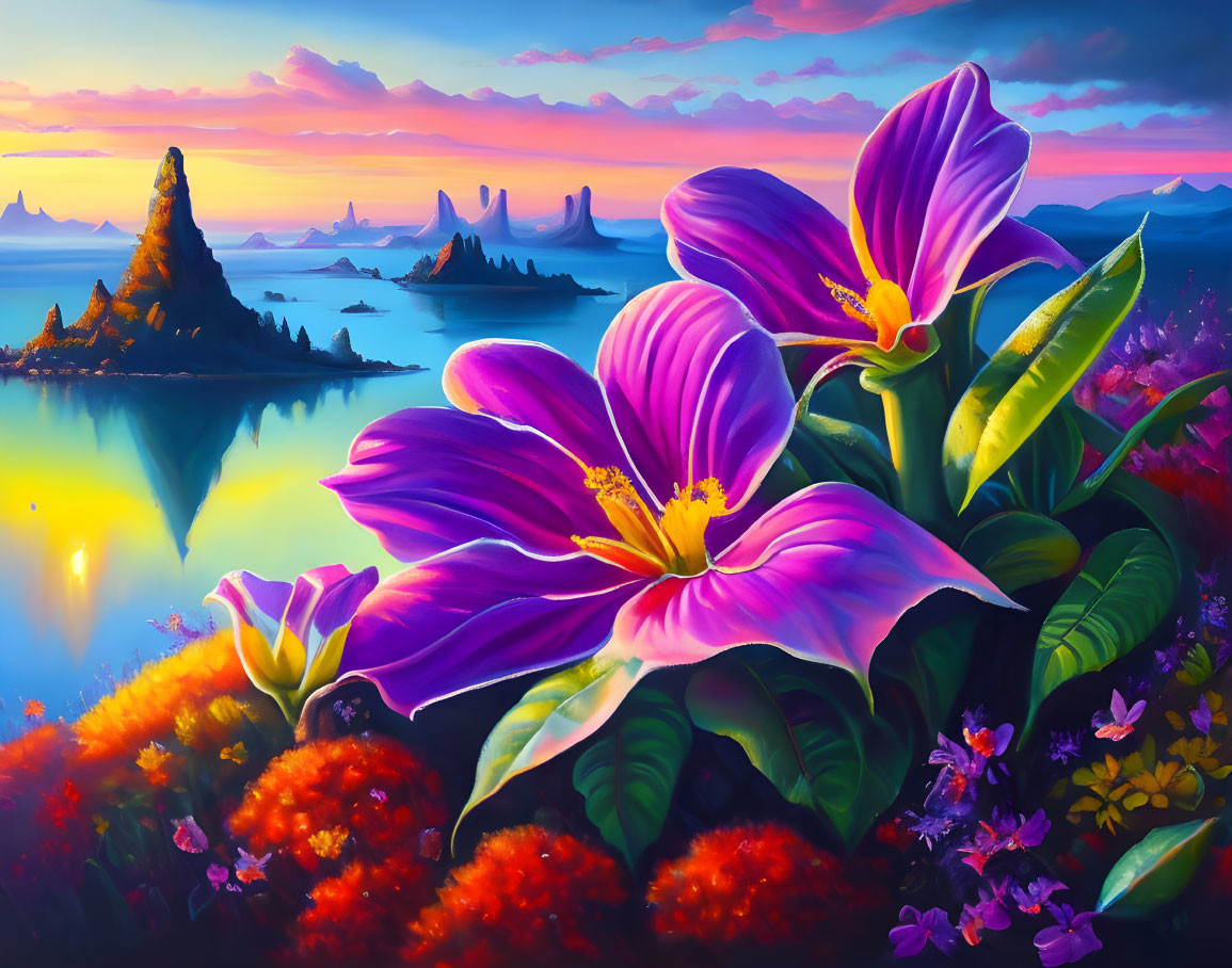 Scenic sunset with vibrant purple flowers and lush greenery