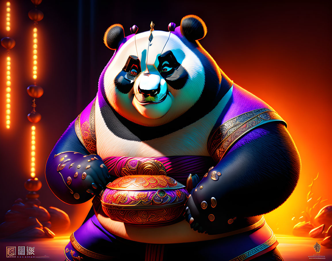 Anthropomorphic panda in traditional robe with glowing beads.