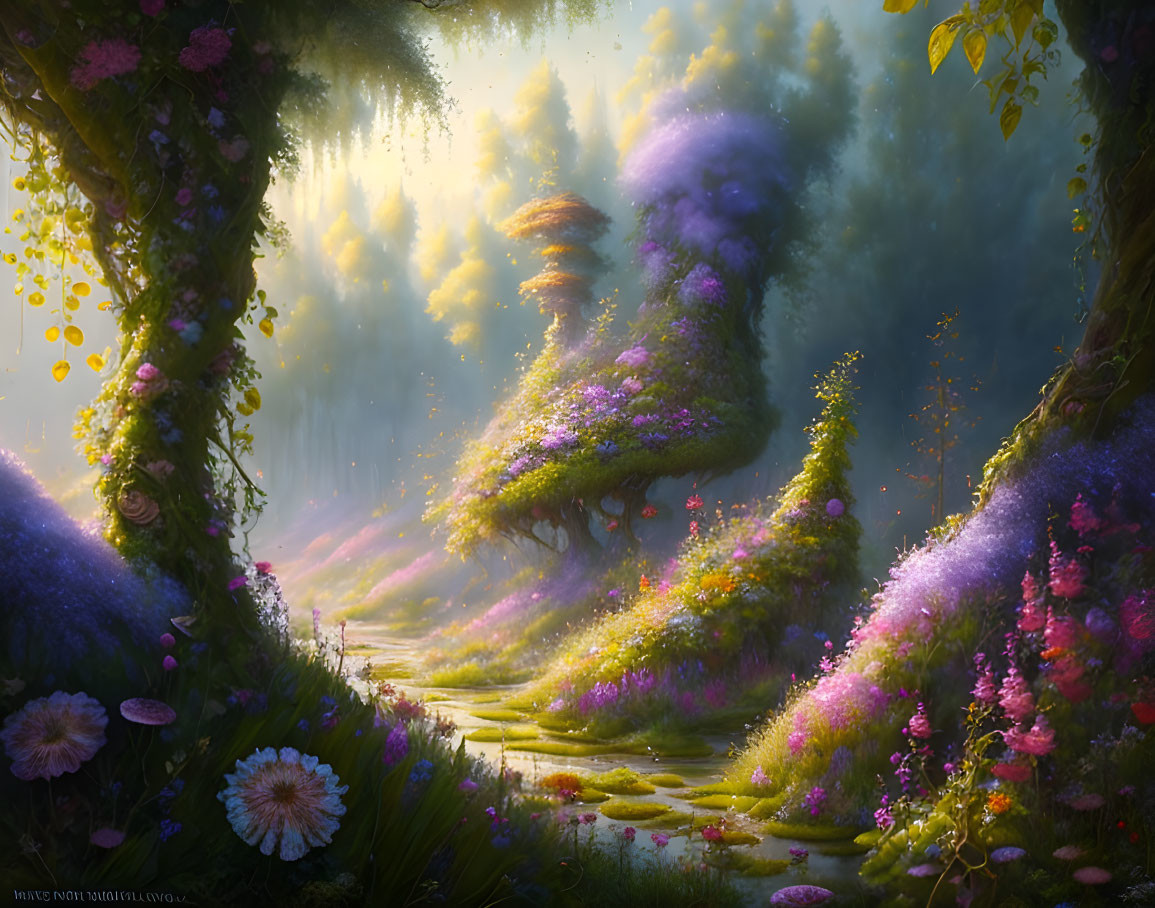 Vibrant flower-covered trees in mystical forest with serene river