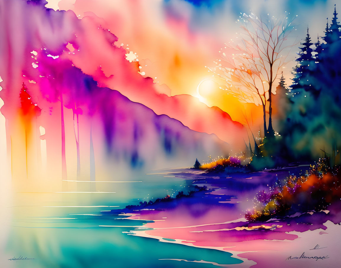 Colorful Landscape Painting: Setting Sun, Reflected Light, Silhouetted Trees