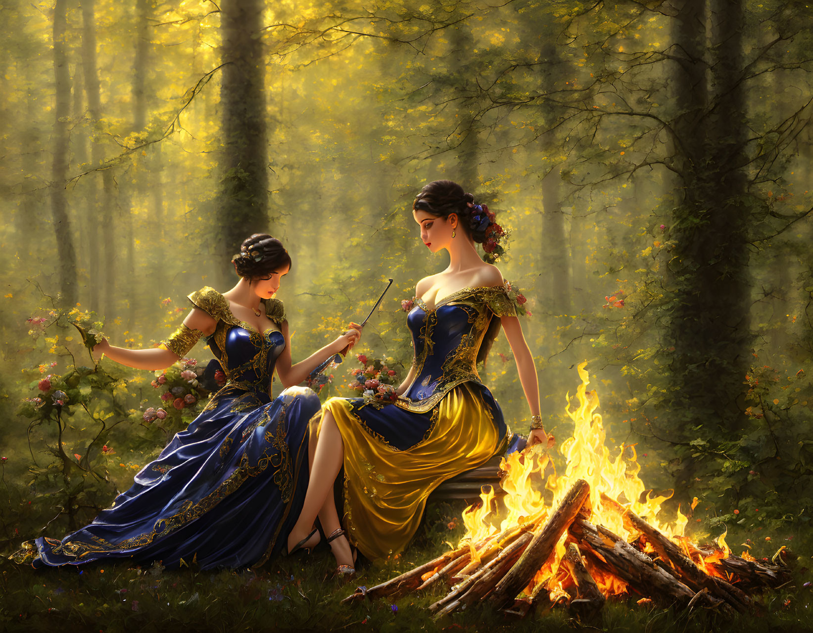 Women in Blue and Yellow Dresses by Campfire in Enchanted Forest