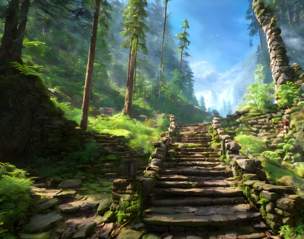 Sunlit forest pathway with moss-covered stone steps