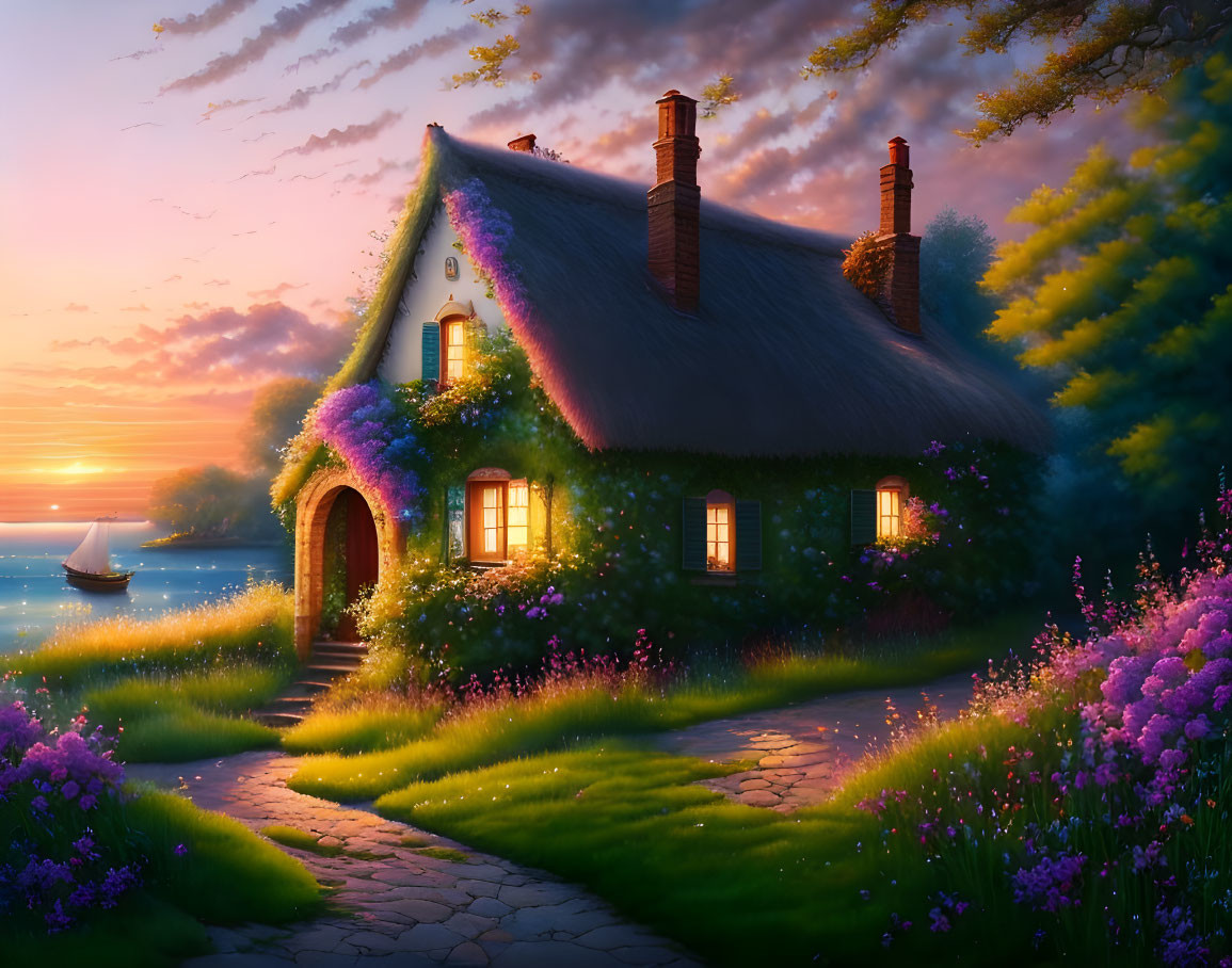 Thatched-Roof Cottage with Purple Flowers by Calm Lake at Sunset