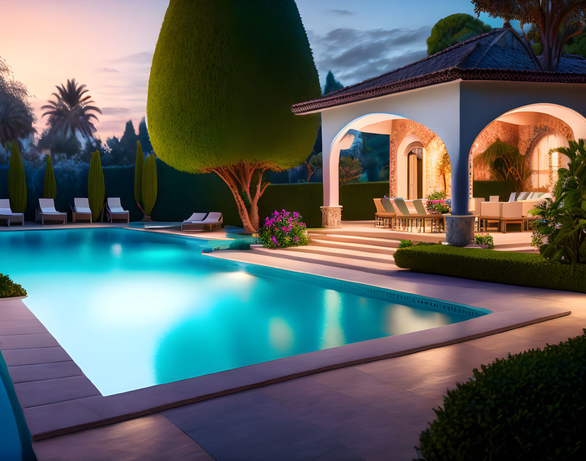 Twilight poolside scene with illuminated villa, hedges, loungers, and vibrant flowers under dus