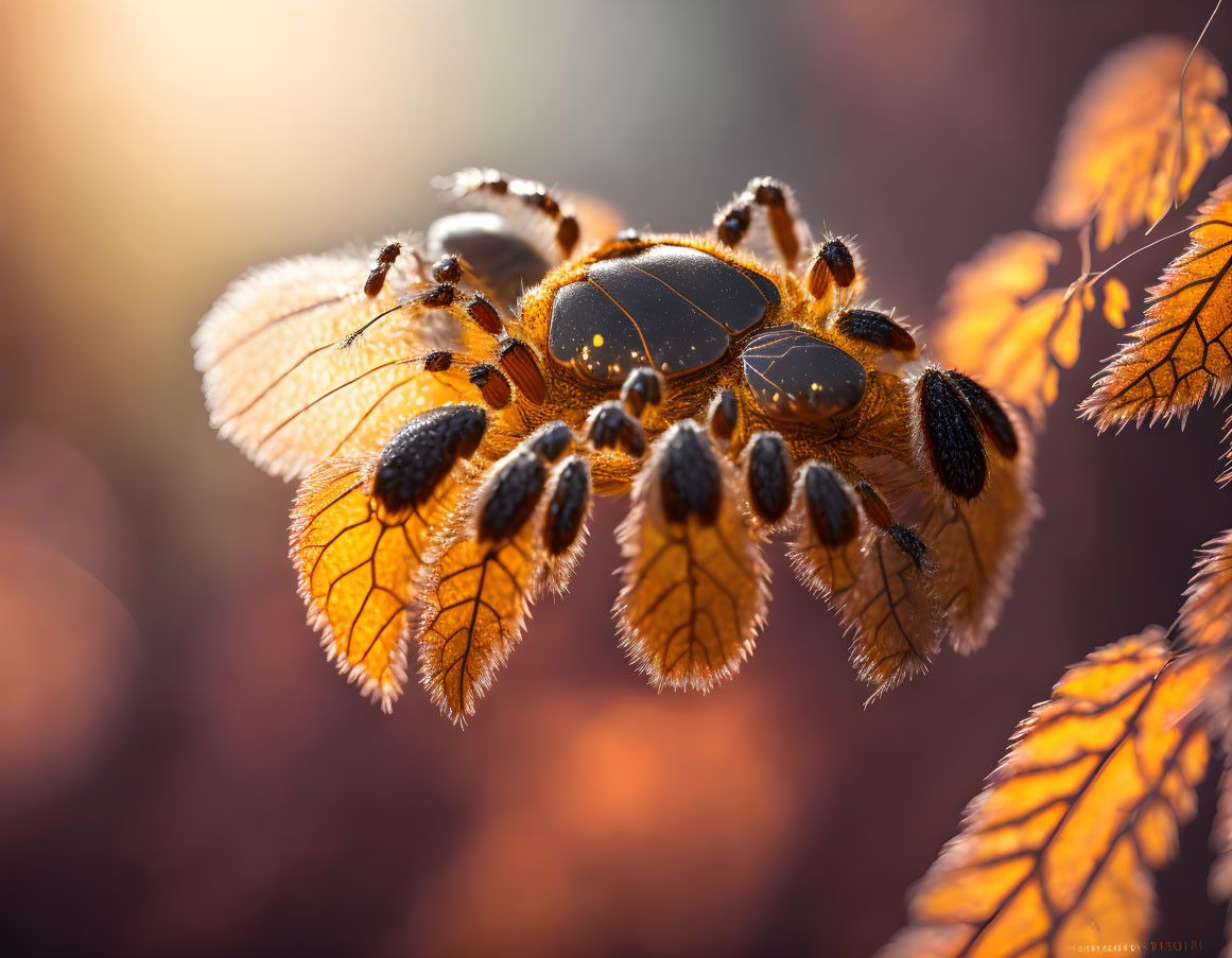 Detailed Close-Up of Beetle with Textured Wings in Warm Sunlight