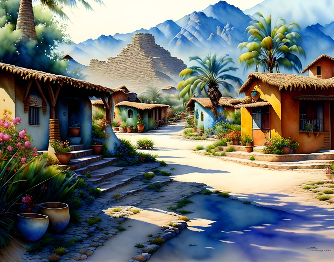 Traditional Thatched Village Scene with Pottery and Mountains