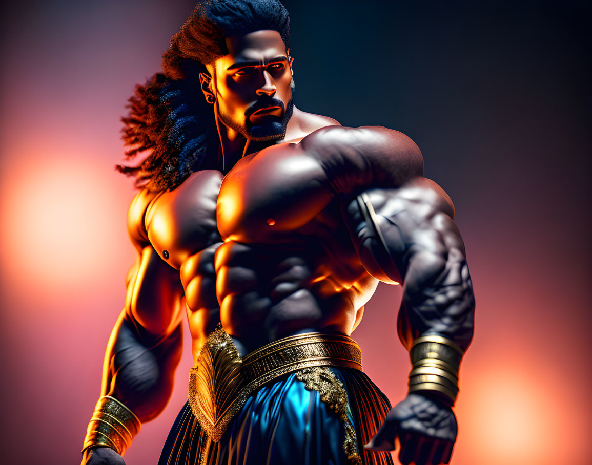 Muscular animated character in blue and gold attire on orange and purple background