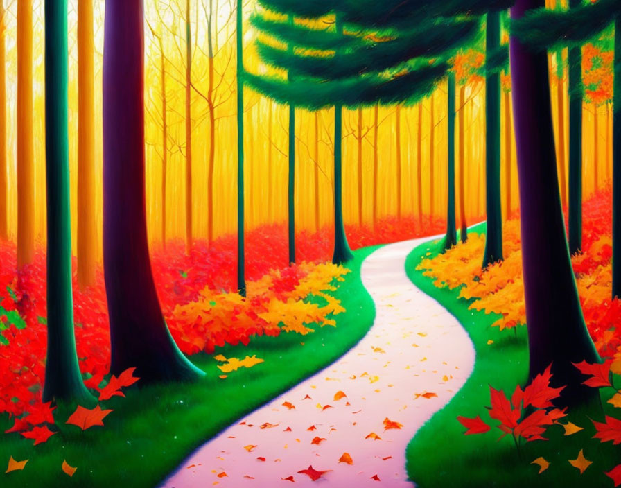 Autumn forest path with red, orange, and yellow foliage