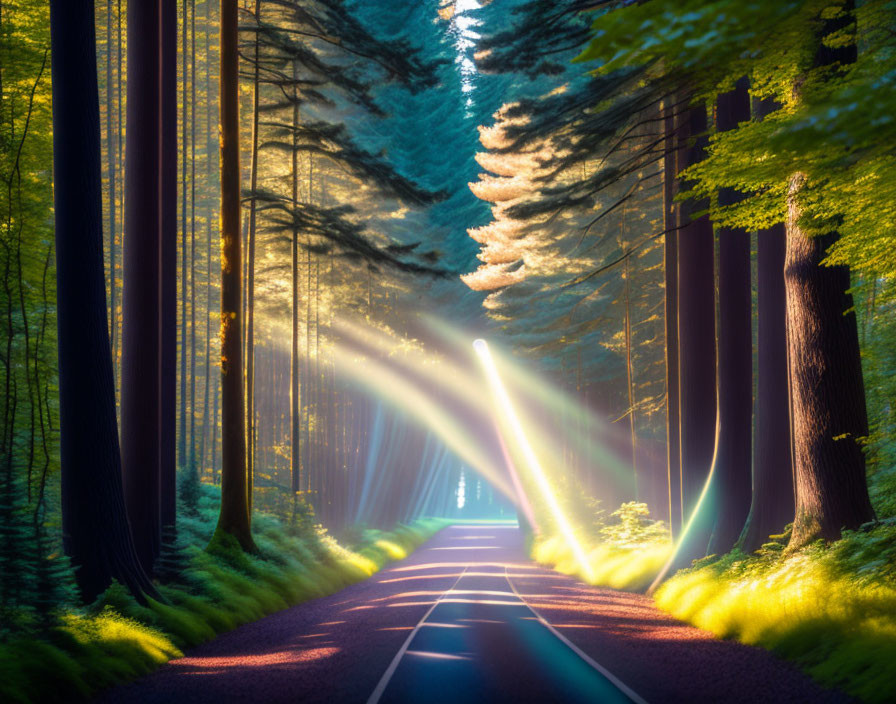 Sunlit Forest Road with Tall Trees: Serene and Magical Scene