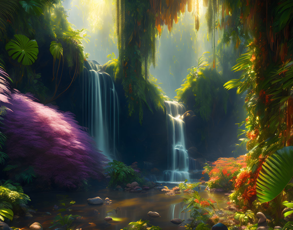 Tranquil waterfall in lush sunlit forest